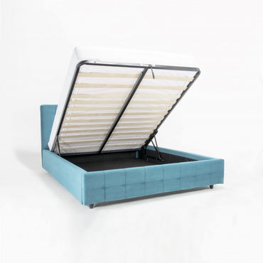 Pat tapitat Abra New cu somiera rabatabila si spatiu de depozitare, Blue