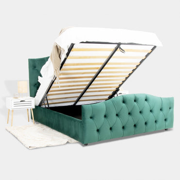 Pat tapitat Cesare cu somiera rabatabila si spatiu de depozitare, Blue