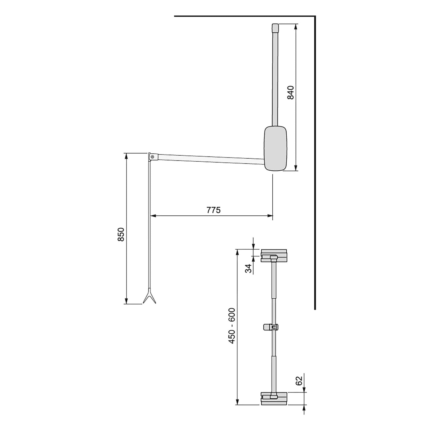 Bară de haine cu sistem lift pentru dulap, Sling 450-600mm, Emuca