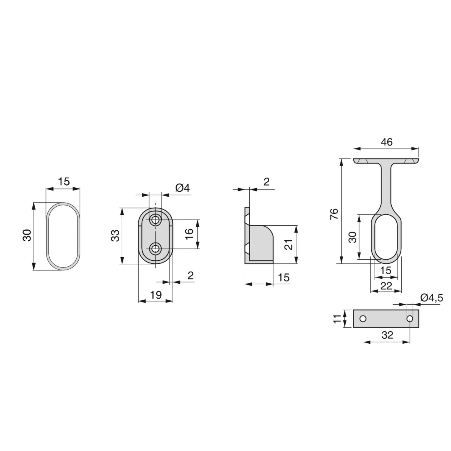 Set de 2 bare ovale pentru garderoba, 1.15m cu suporturi, Emuca