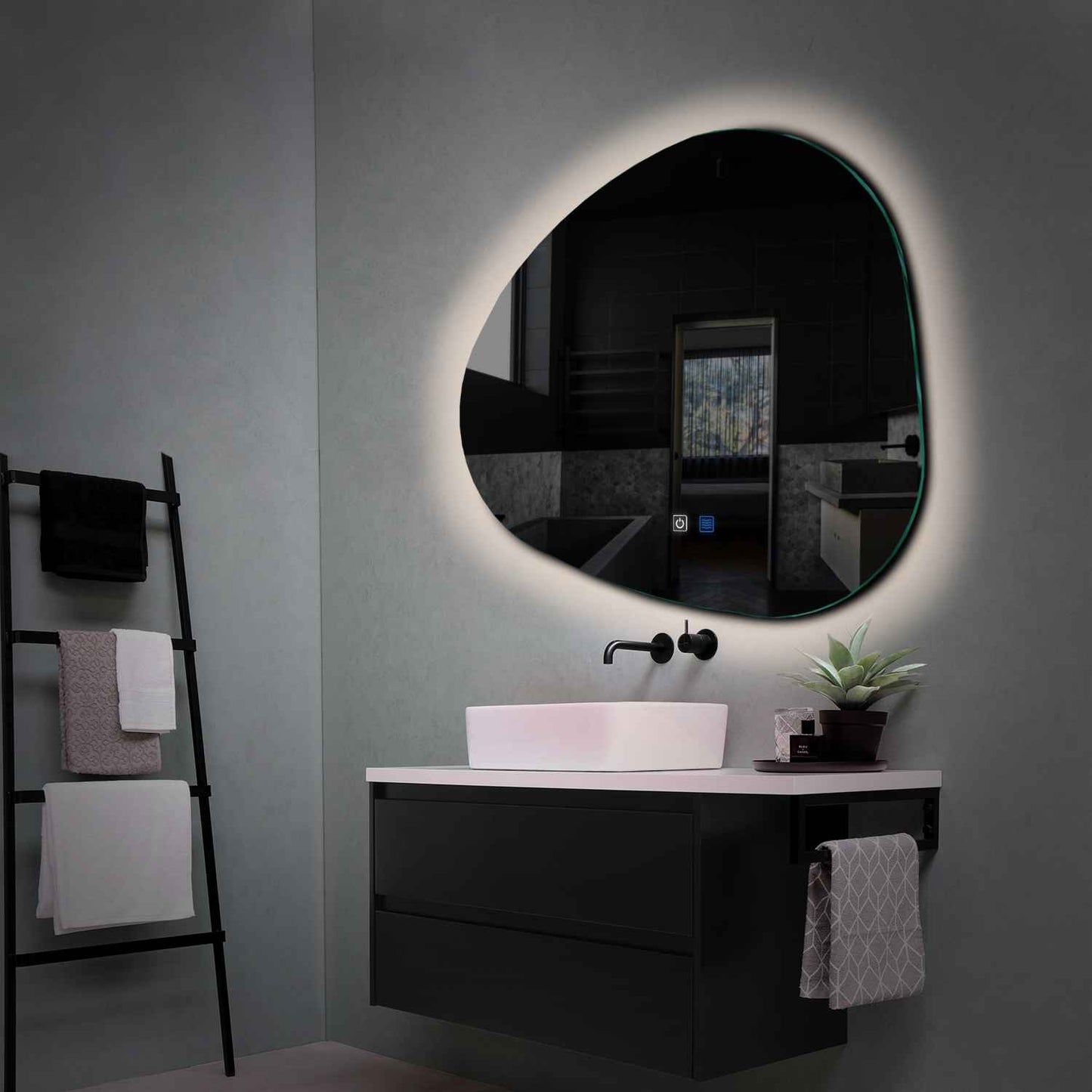 Oglinda LED asimetrica cu lumina LED neutra Gama Ambient Model 1 fara butoane - Reyze