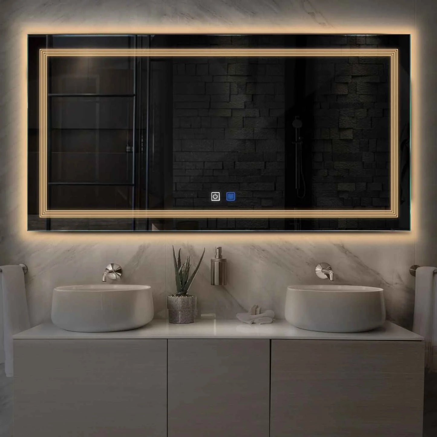 Oglinda LED orizontala cu lumina LED calda Gama Minimal Model 1 cu butoane touch si dezaburire - Reyze