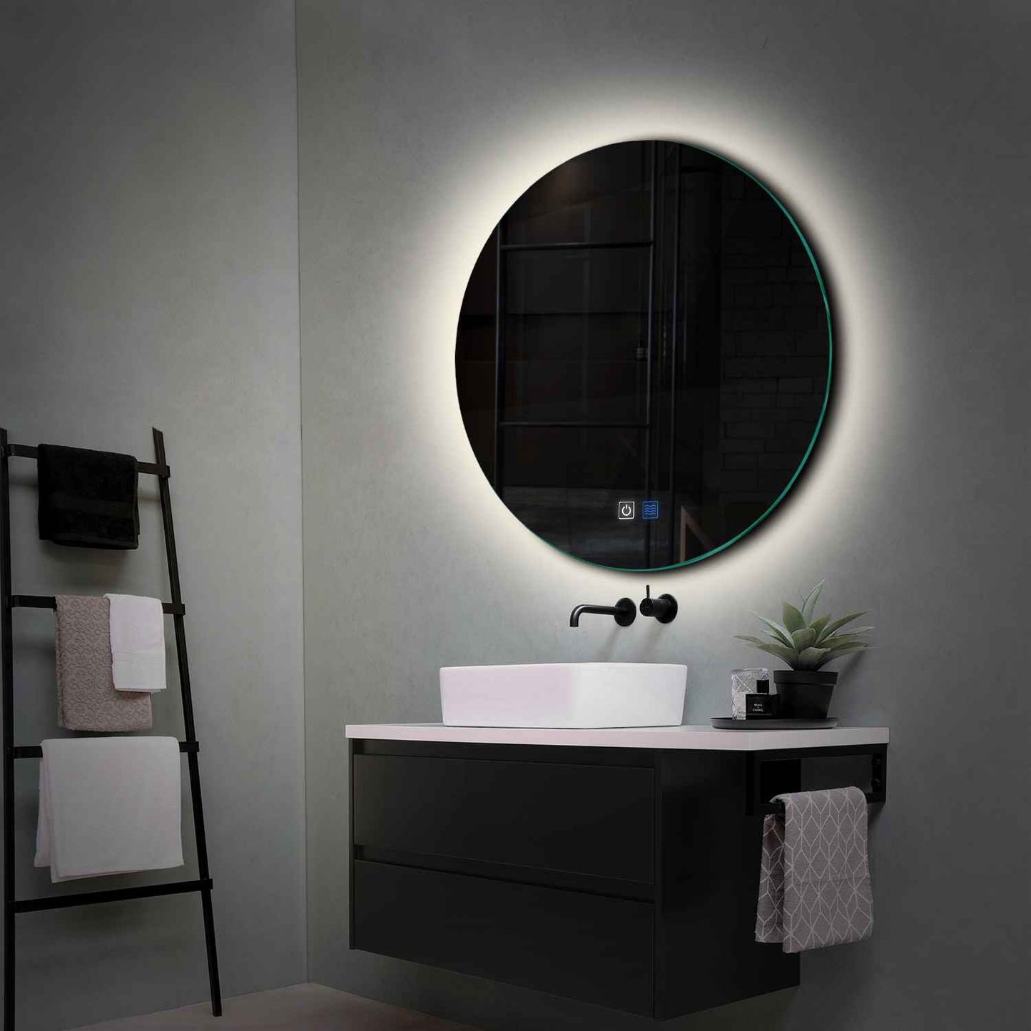 Oglinda LED rotunda cu lumina LED neutra Gama Ambient Model 1 cu butoane touch si dezaburire - Reyze