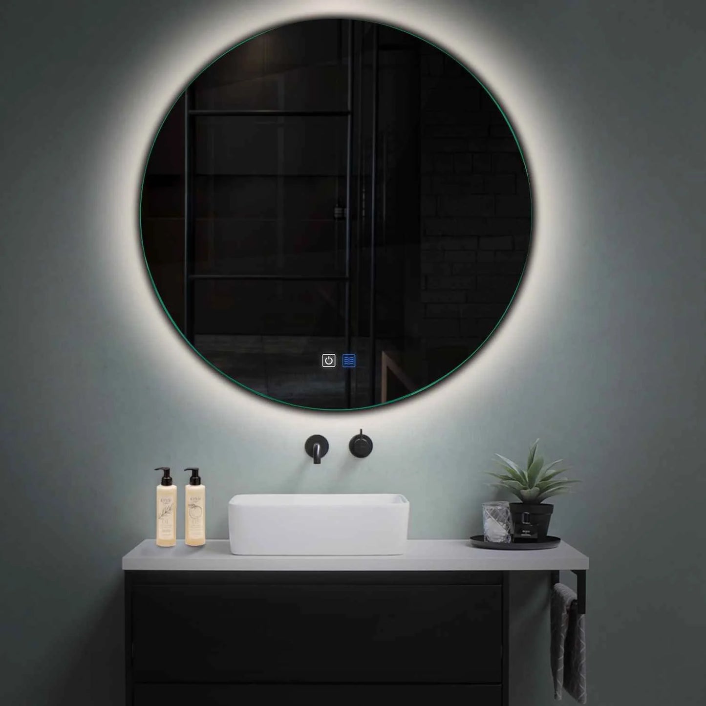 Oglinda LED rotunda cu lumina LED neutra Gama Ambient Model 1 cu butoane touch si dezaburire - Reyze