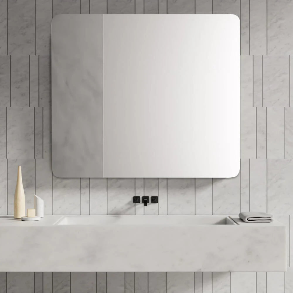 Oglinda simpla clara fara prindere cu lipire prin adeziv Patrata colturi rotunjite R85 mm 50x50 cm Reflect