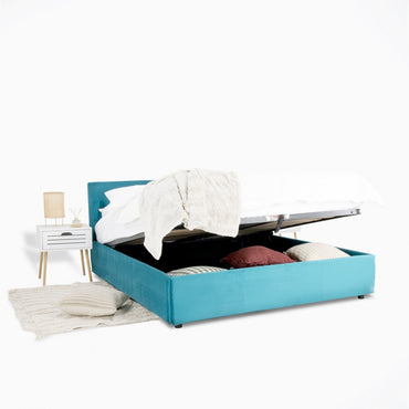 Pat tapitat Timo cu somiera rabatabila si spatiu de depozitare, Blue