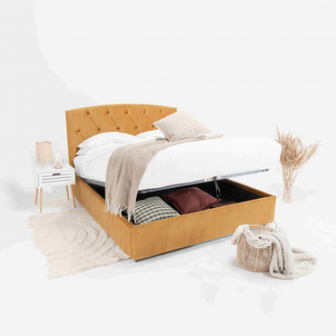 Pat tapitat Chester cu somiera rabatabila si spatiu de depozitare, Blue