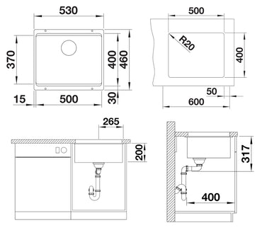 Chiuveta bucatarie Subline 500, 527760, sub blat, silgranit cafea 530 x 460 mm, Blanco