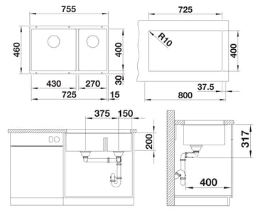 Chiuveta de bucatarie Subline 523152, silgranit gri piatra, 755 x 460 mm, Blanco