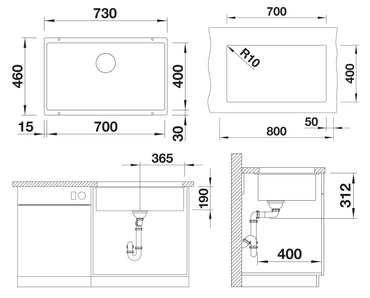 Chiuveta bucatarie Subline 700, 527809, granit trufe, sub blat, 730 x 460 mm, Blanco