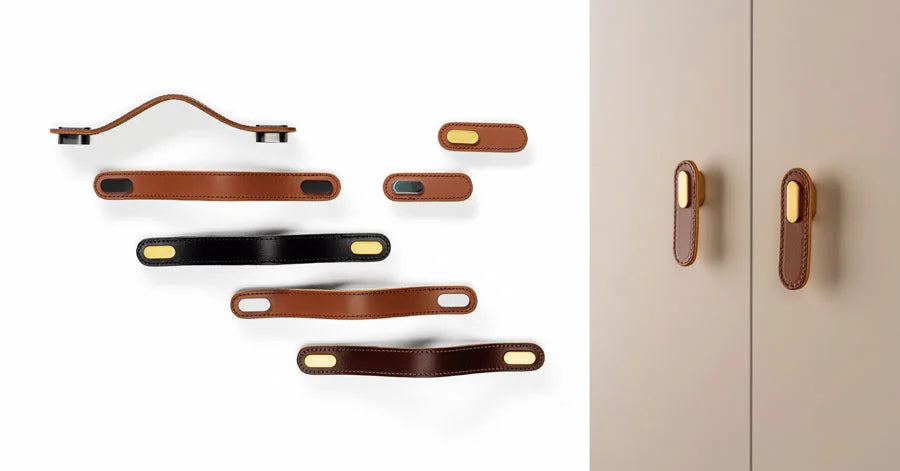 Maner Oblong din piele bej pentru mobilier, cu ornament finisaj auriu periat, L197 mm