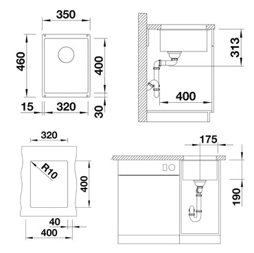 Chiuveta de bucatarie, sub blat, Subline 523415, silgranit Cafea, 350 x 460 mm, Blanco