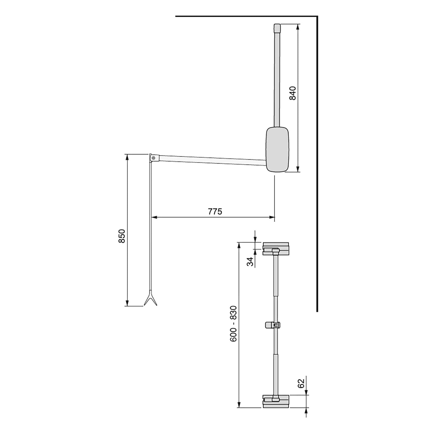 Bară de haine cu sistem lift pentru dulap, Sling 600-830mm, Emuca