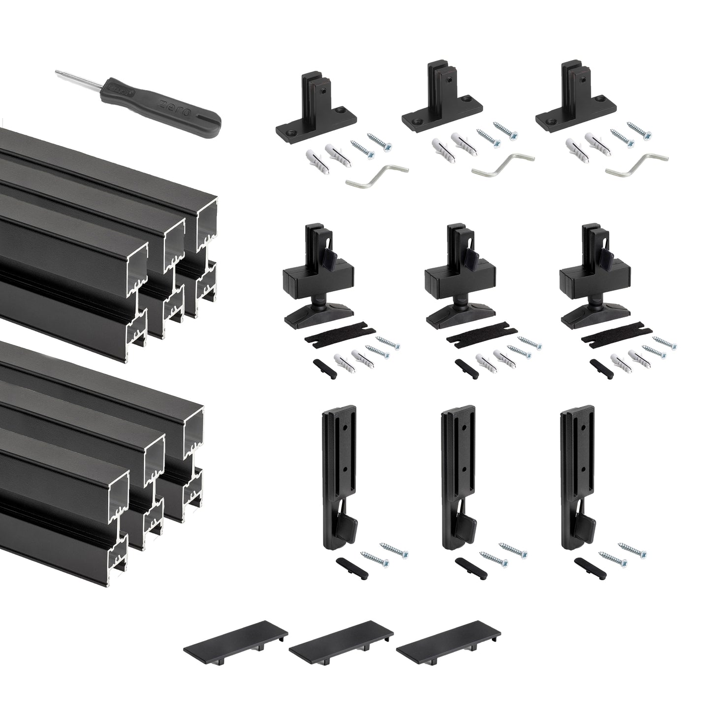 Lot de 3 rame Zero cu fitinguri și profile, montaj pe podea și pe perete cu nivelare dreptunghiulare, negru texturat, Emuca