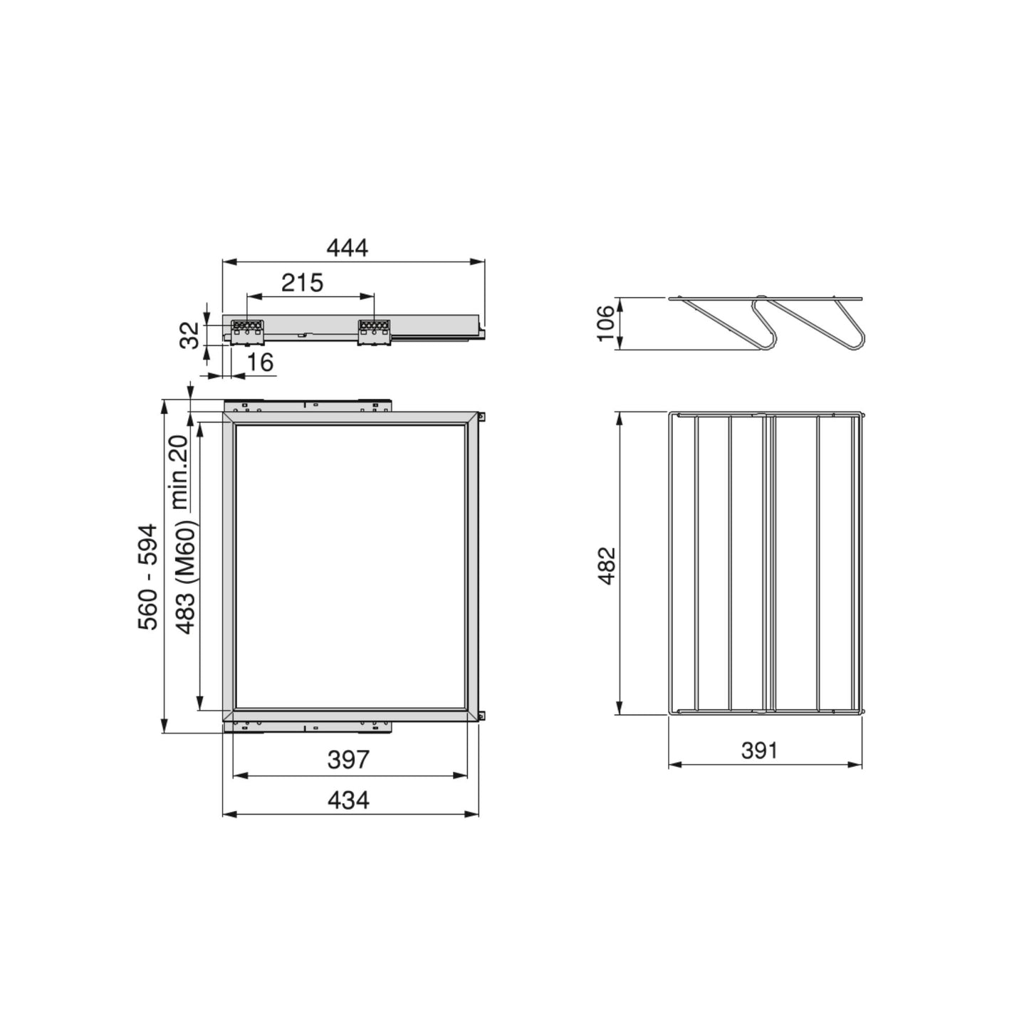 Kit suport pentru pantofi din metal si cadru cu ghidaje cu inchidere lenta, 600mm, Emuca