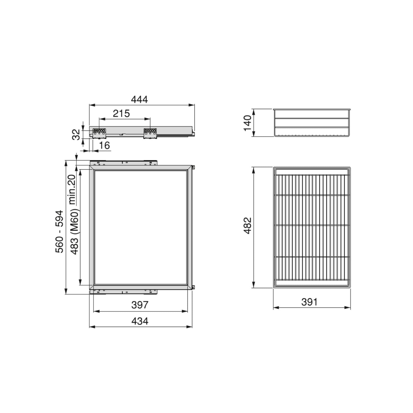 Kit cos de sarma si cadru cu ghidaje cu inchidere lenta, pentru dulap, modul 600mm, Emuca