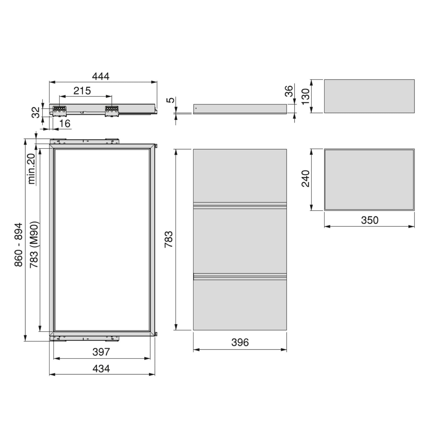 Kit tava, 3 cosuri organizatoare si cadru cu ghidaje cu inchidere lenta pentru dulap, 900mm, Emuca