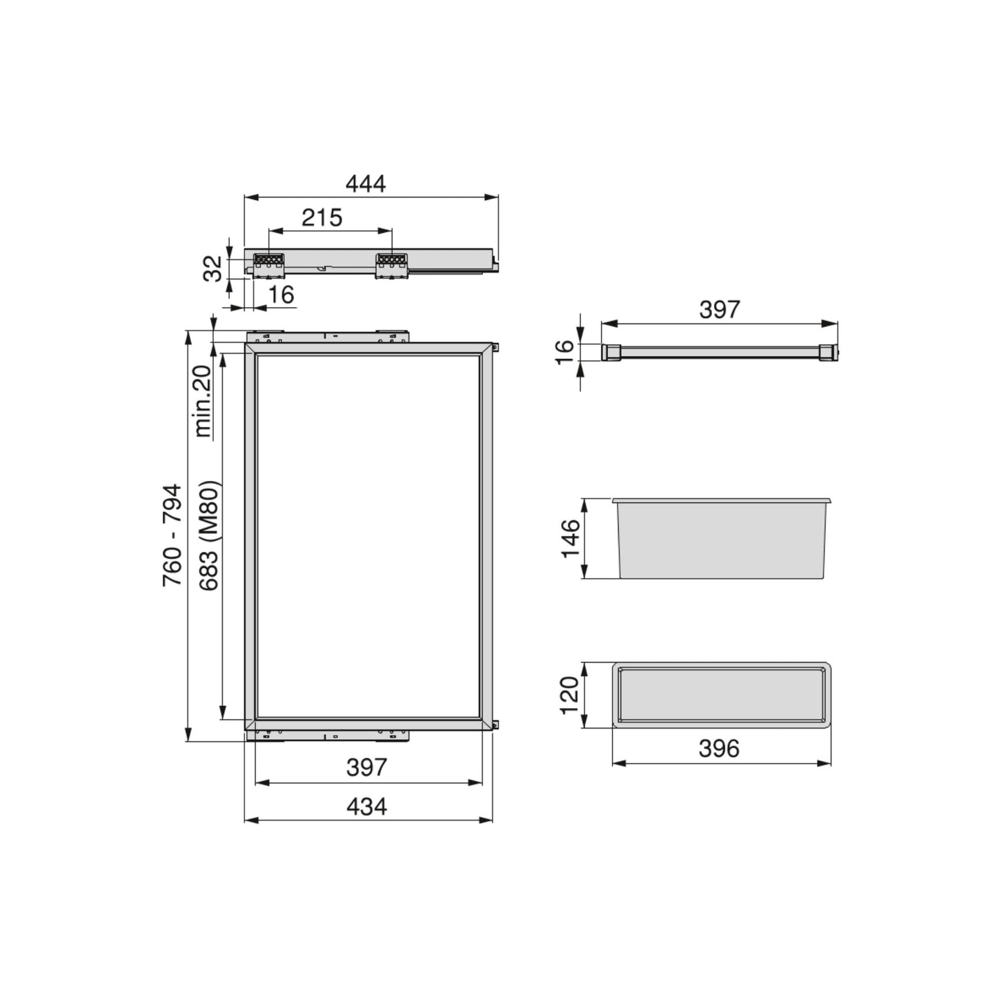 Kit de 7 suporturi pentru pantaloni, o tava si un cadru de ghidaj pentru dulapuri, 800mm, Emuca