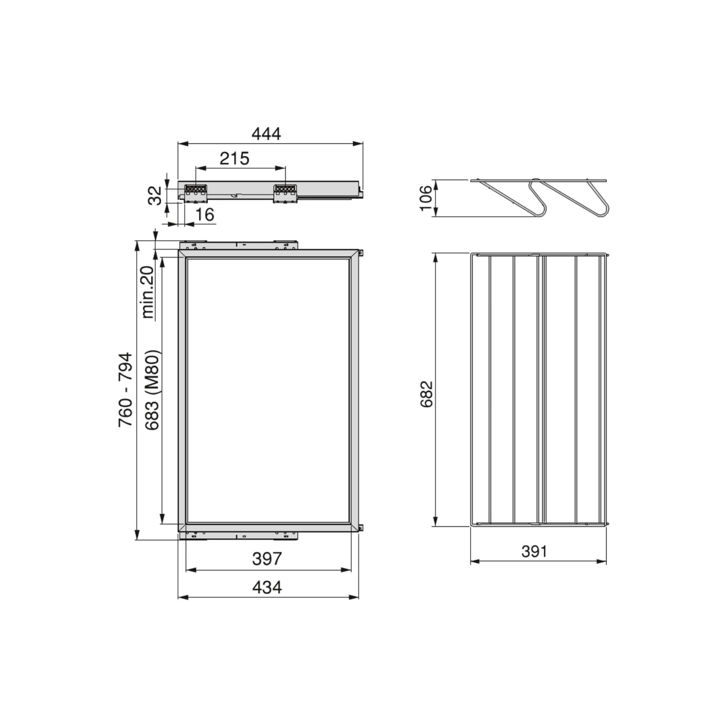 Kit suport pentru pantofi din metal si cadru cu ghidaje cu inchidere lenta, 800mm, Emuca