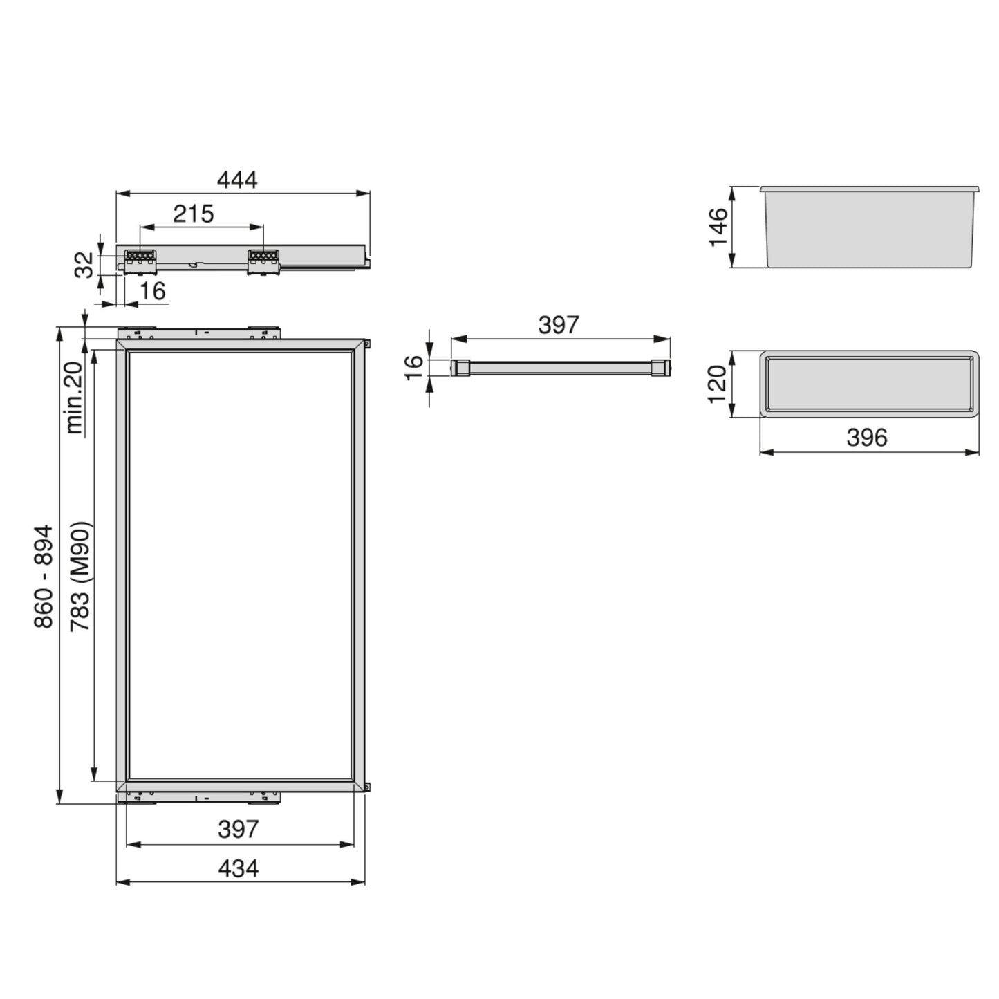 Kit de 7 suporturi pentru pantaloni, 2 tavi si un cadru de ghidaj pentru dulapuri, 900mm, Emuca (Copy)