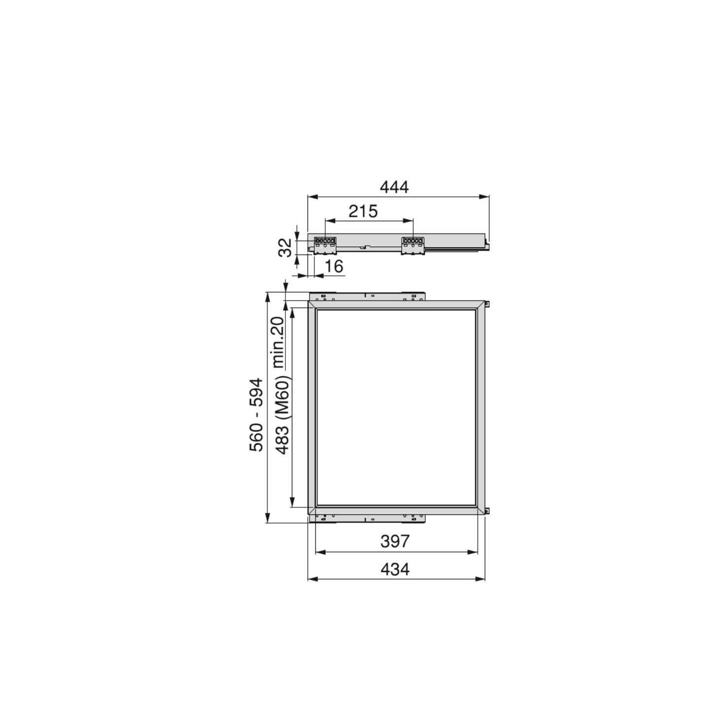 Cadru cu glisiere de inchidere soft pentru dulap Hack, 560-594mm, Emuca