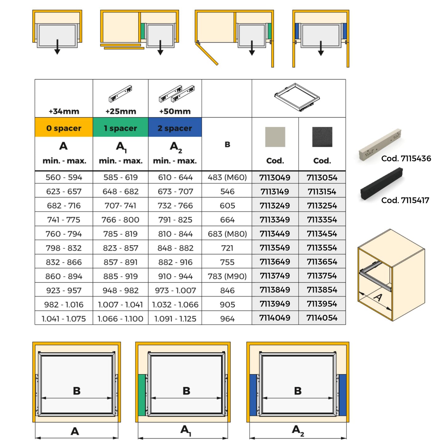 Cadru cu glisiere de inchidere soft pentru dulap Hack, 623-657mm, Emuca