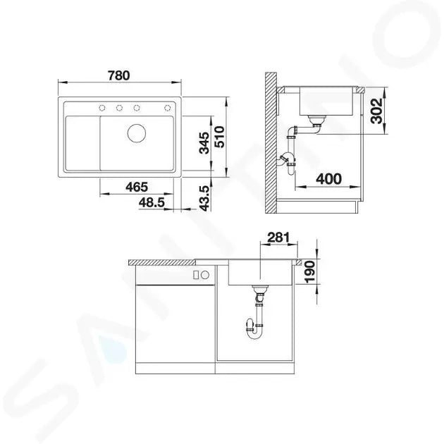 Chiuveta Zenar XL 6 S Compact Silgranit Neagra,Montaj pe blat, 780x510mm, Blanco