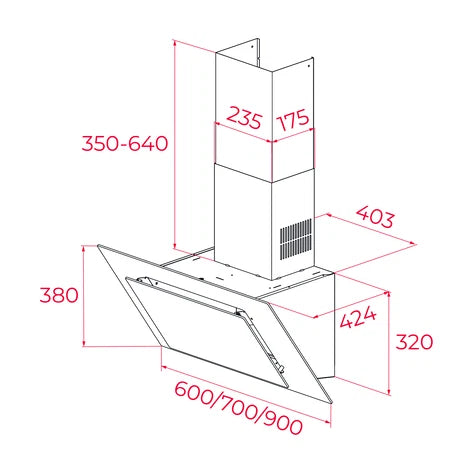 Hotă şemineu 60 cm cu design vertical, paravan din sticlă, Teka DVT 68660 TBS