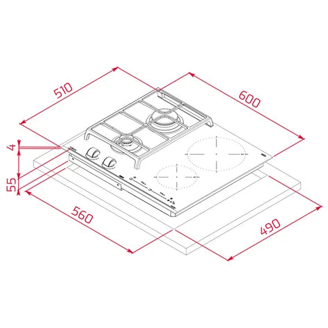 Plită mixtă din cristal 2 zone gaz + 2 zone inducţie JZC 64322 ABN BK, Teka