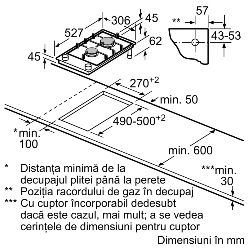 Seria 8 Plită pe gaz, Domino 30 cm Vitroceramică PRB3A6B70, Bosch