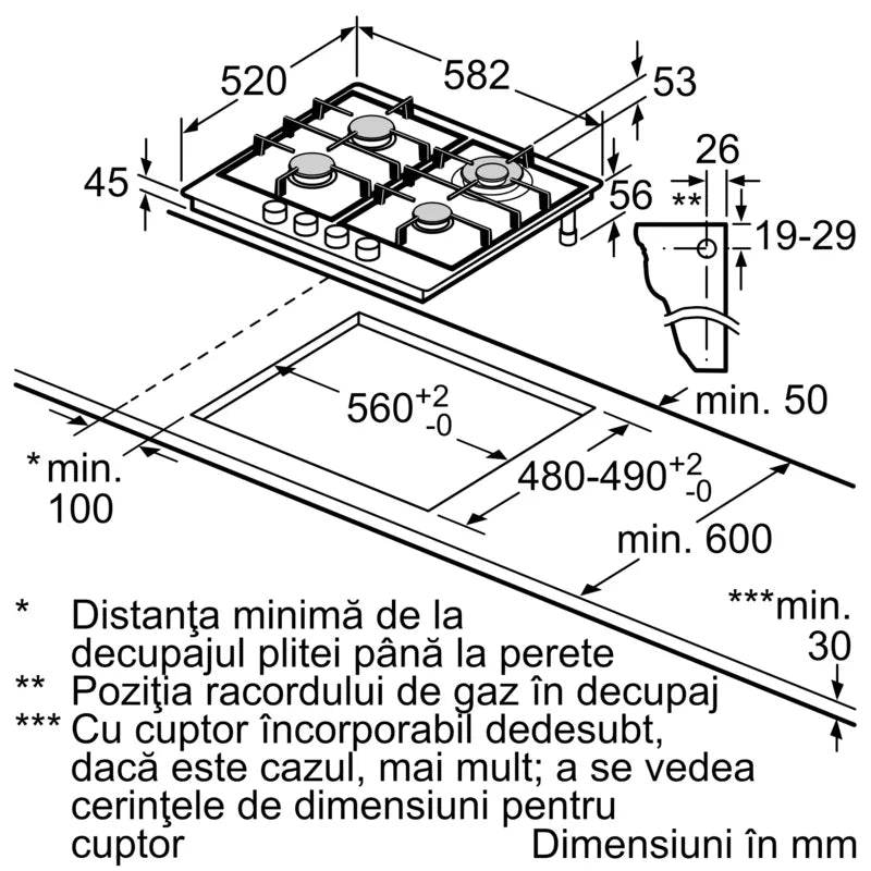 Seria 4 Plită pe gaz 60 cm Inox PGH6B5B90, Bosch