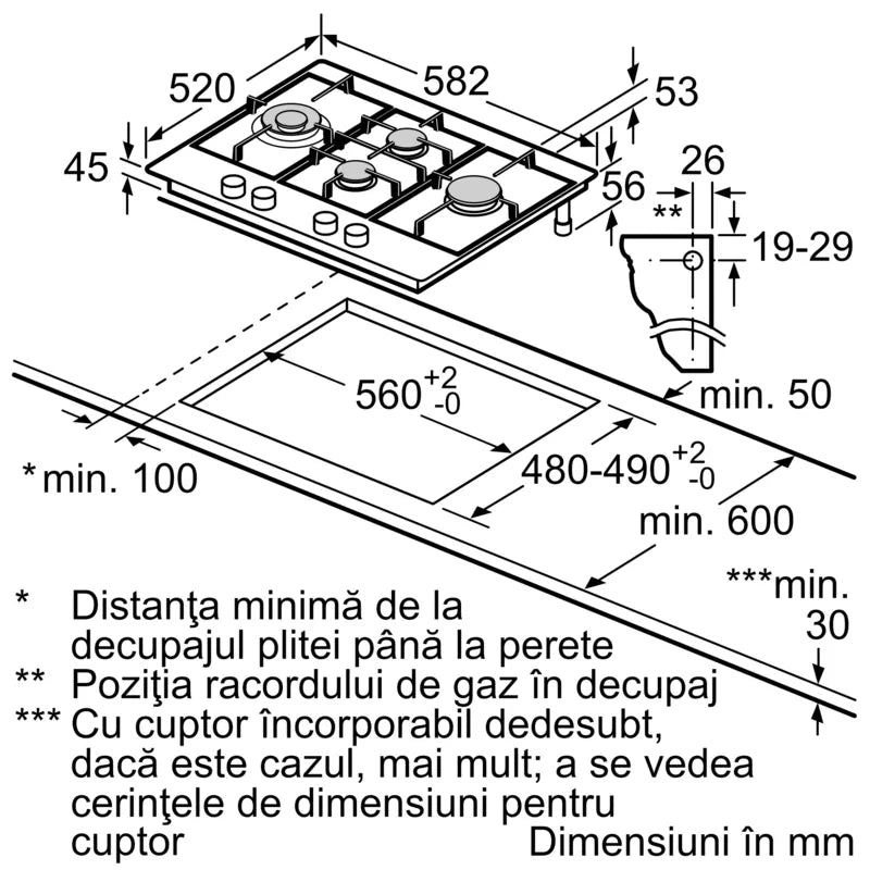 Seria 6 Plită pe gaz 60 cm Inox PCI6A5B90, Bosch