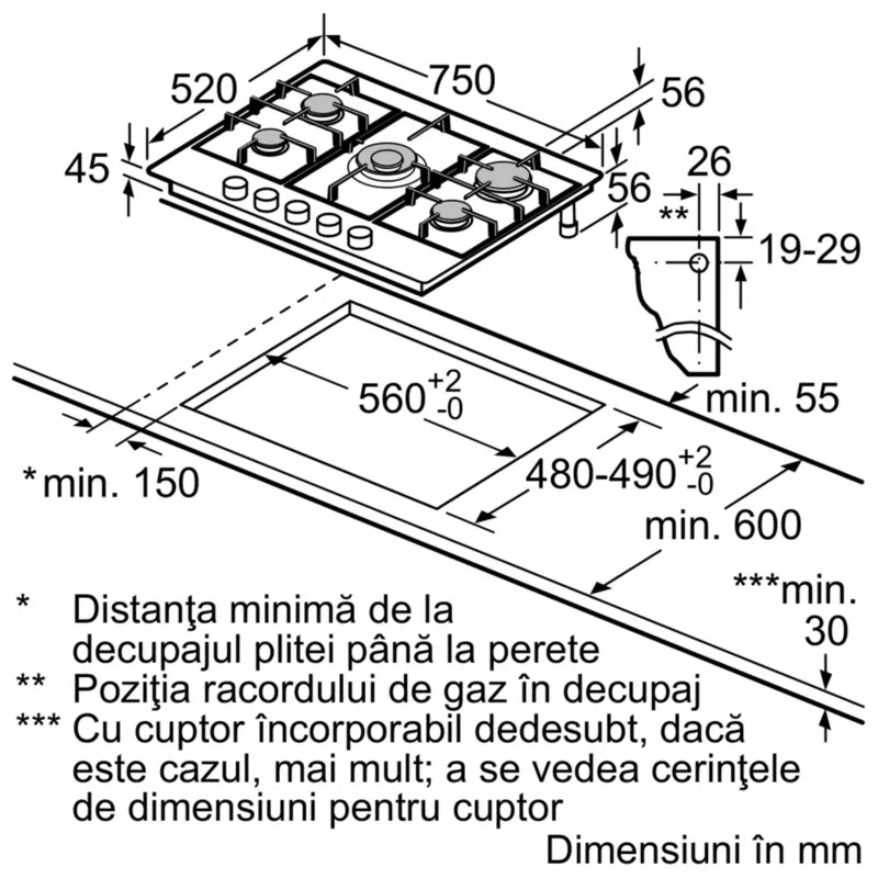 Seria 4 Plită pe gaz 75 cm Inox PGQ7B5B90, Bosch