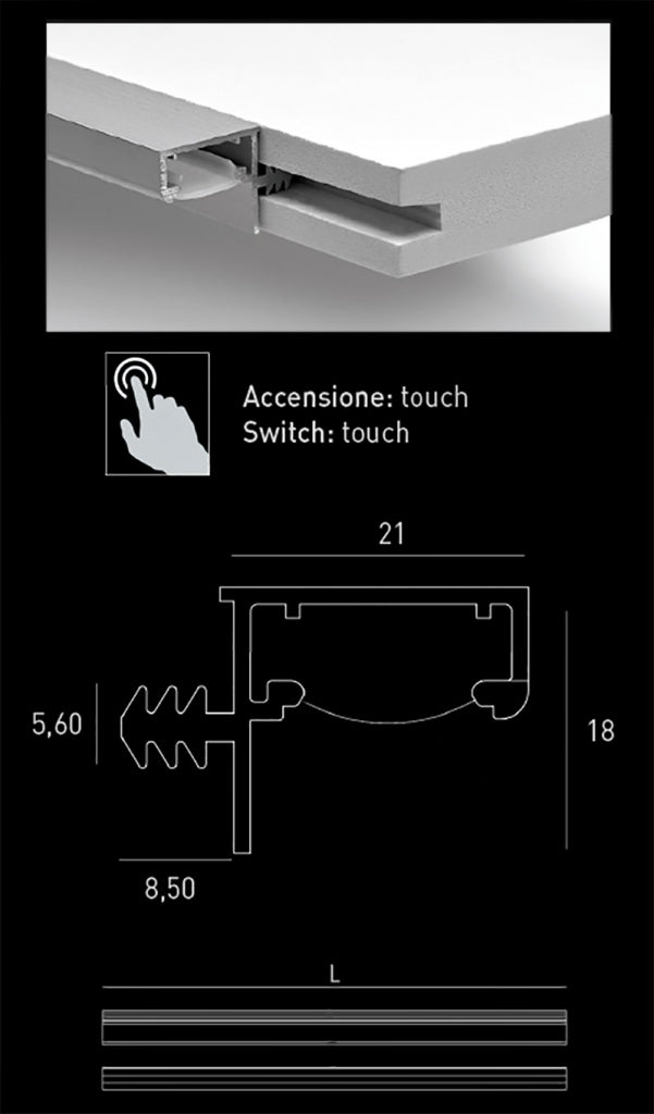 Profil cu LED integrat 863mm cu touch, Gola Diviemme