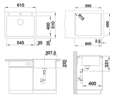 Chiuveta bucatarie Pleon 6, 527771, gri vulcan, pe blat, 620 x 510 mm, Blanco