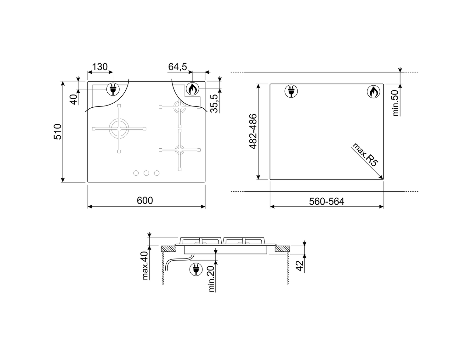 Plită gaz Linea PV163N2, Smeg