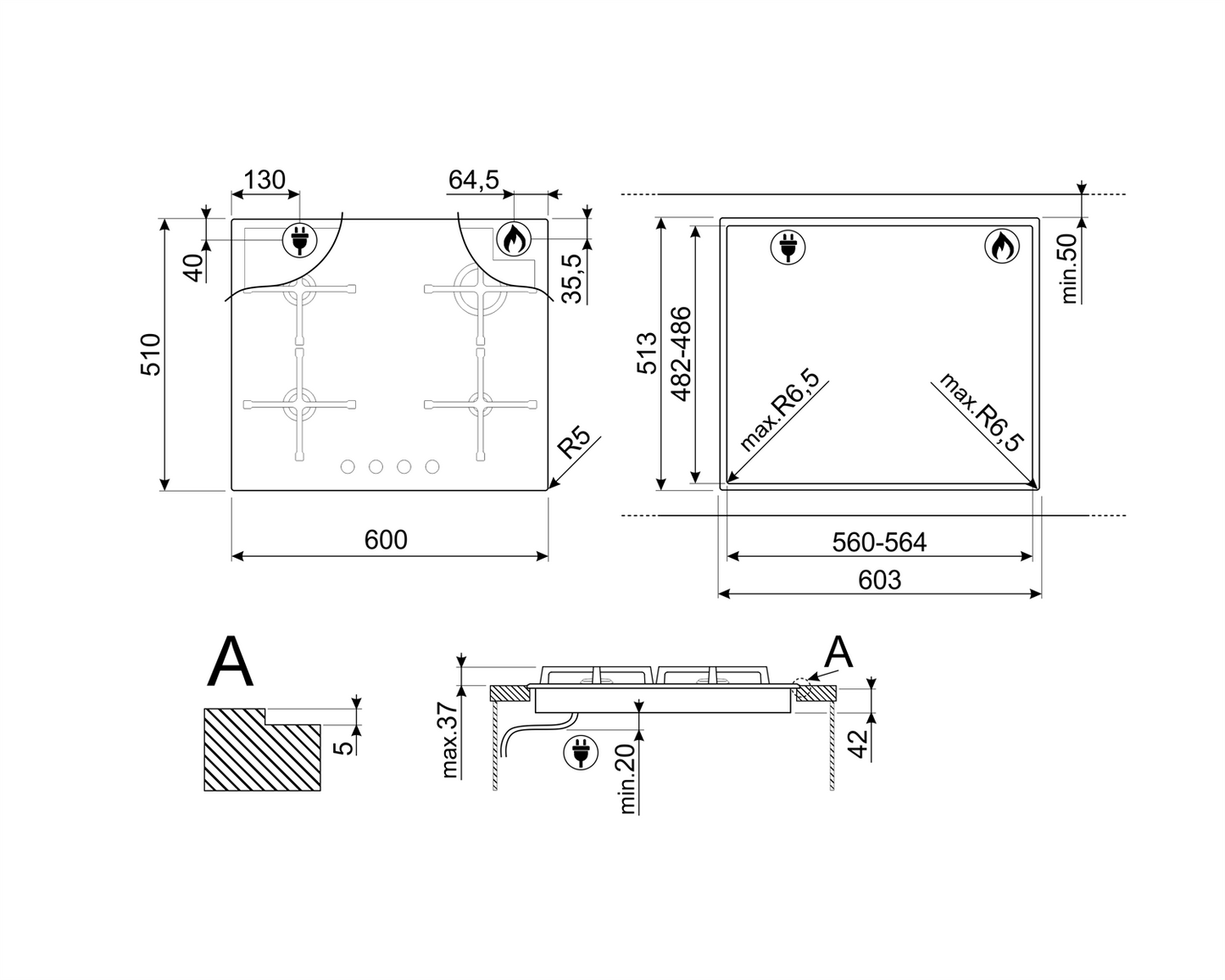 Plită gaz Linea PV164N2, Smeg