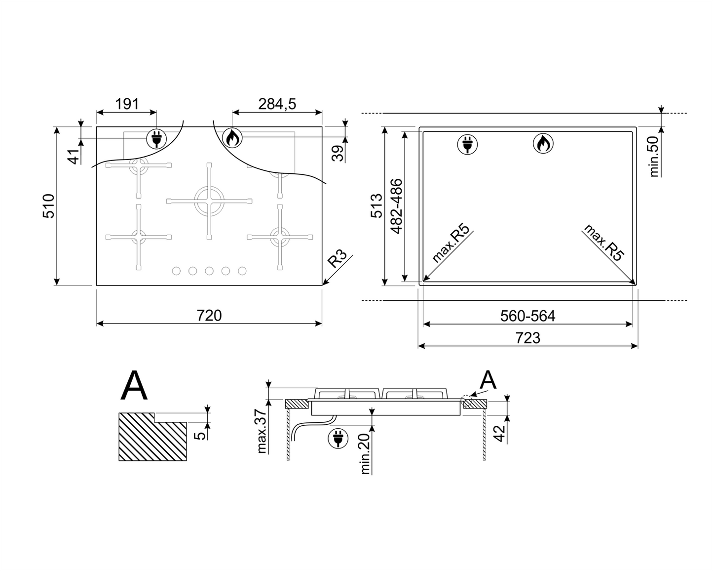 Plită gaz Linea PV175N2, Smeg